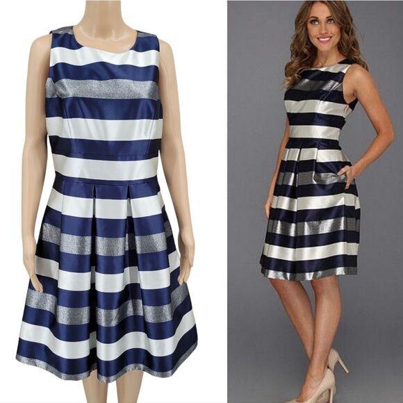 Eliza J Striped Crepe Fit & Flare Party Dress  Navy White Metallic Silver Pocket - Picture 1 of 13